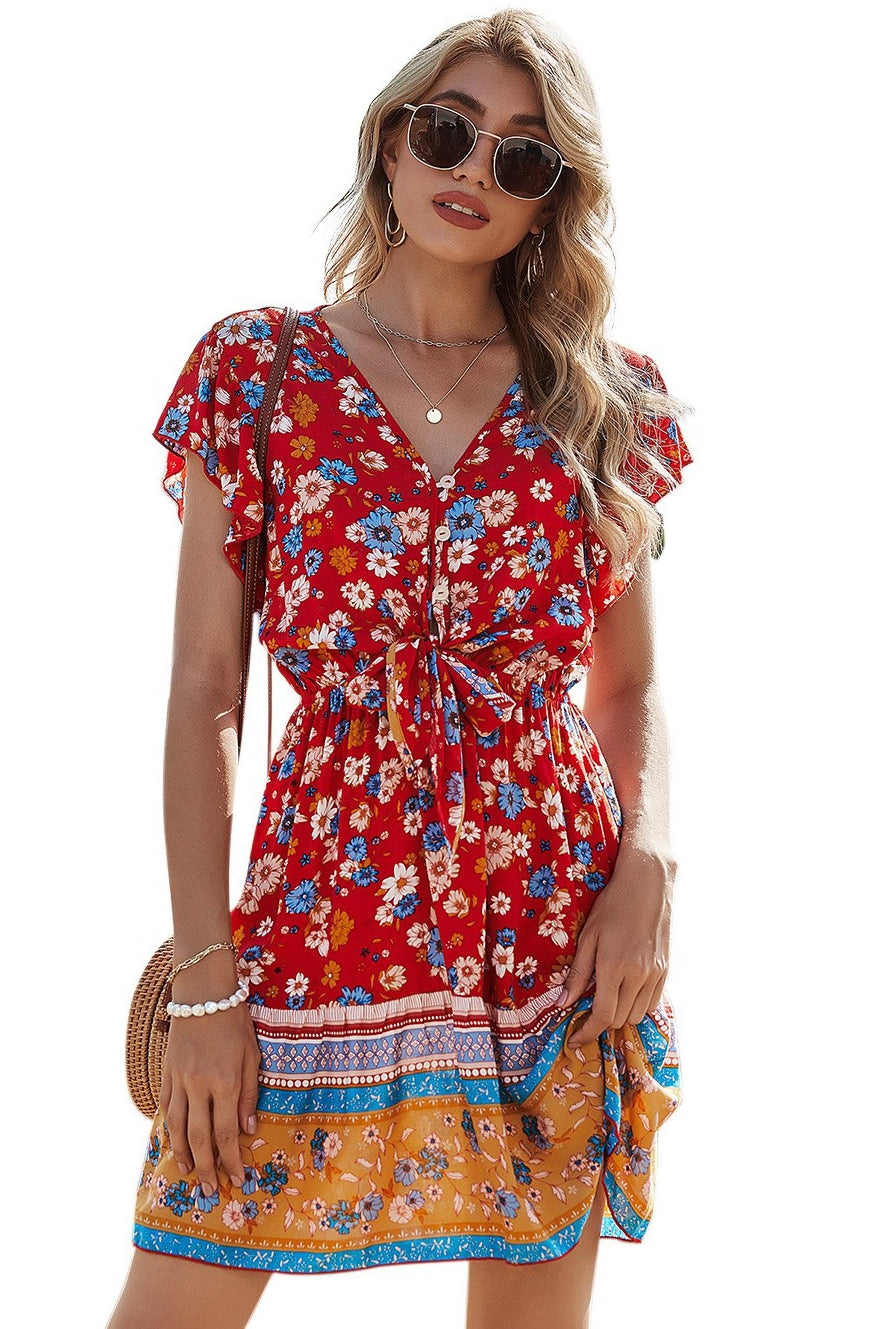 Spring Clothes V-neck Printing Dress