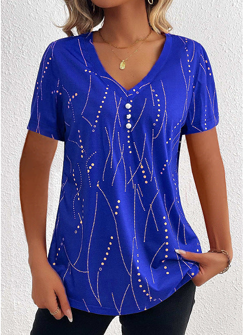 V-neck Printed Button T-shirt