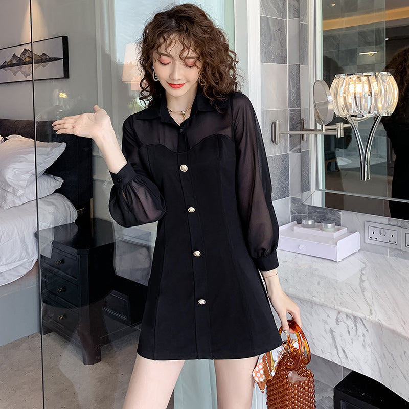 Women Chiffon Lantern Sleeve Splicing Shirt Dress