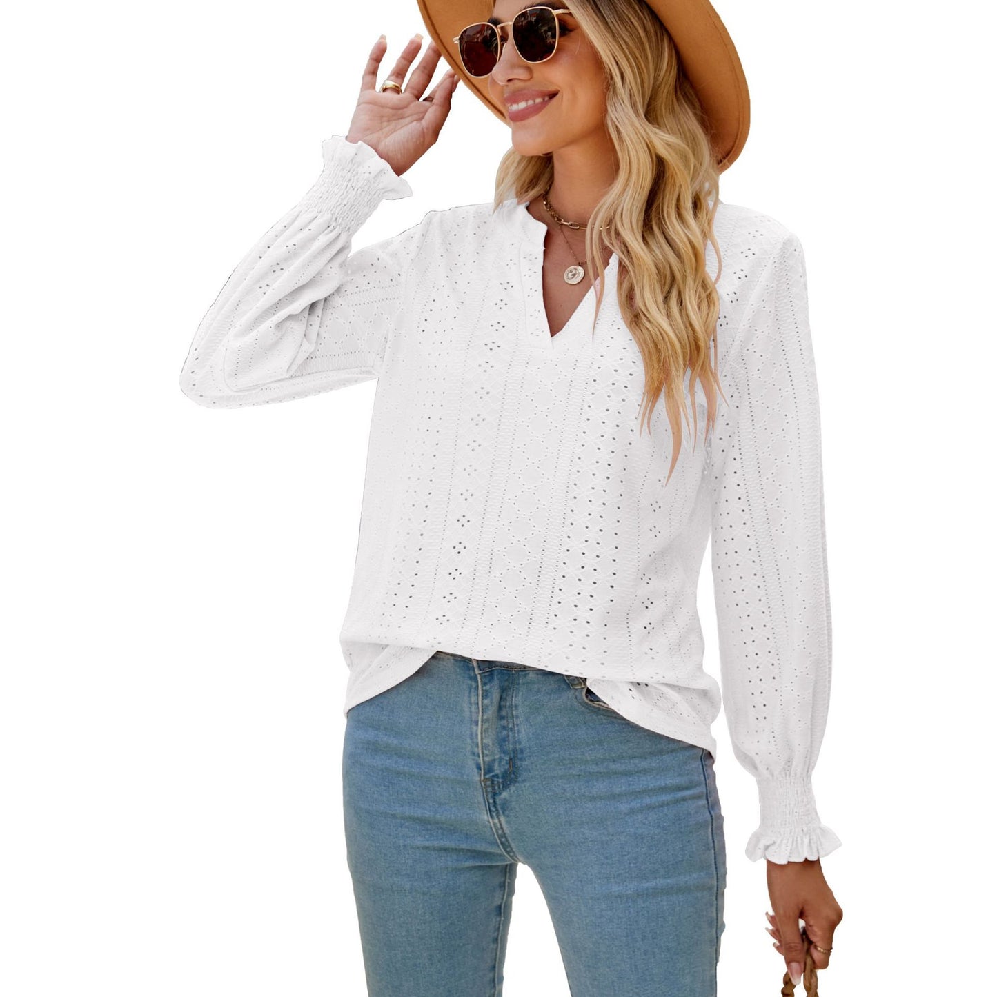 V-neck Loose Long Sleeve Tops