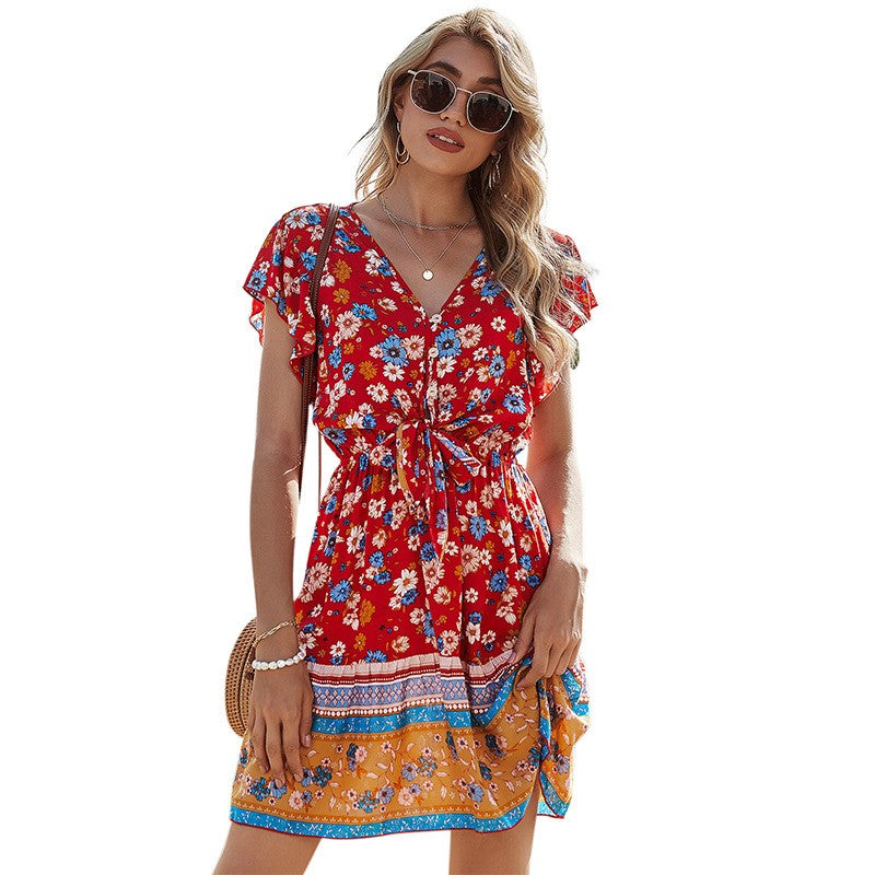 Spring Clothes V-neck Printing Dress