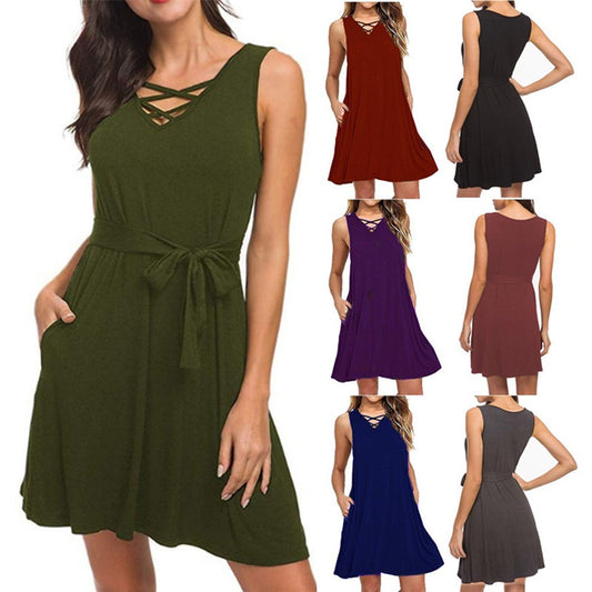 Sleeveless V-neck Belt Dress