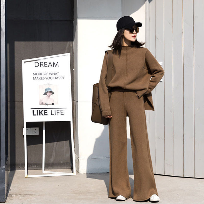 Loose Sweater Two-Piece  Knitted Wide Leg Pants