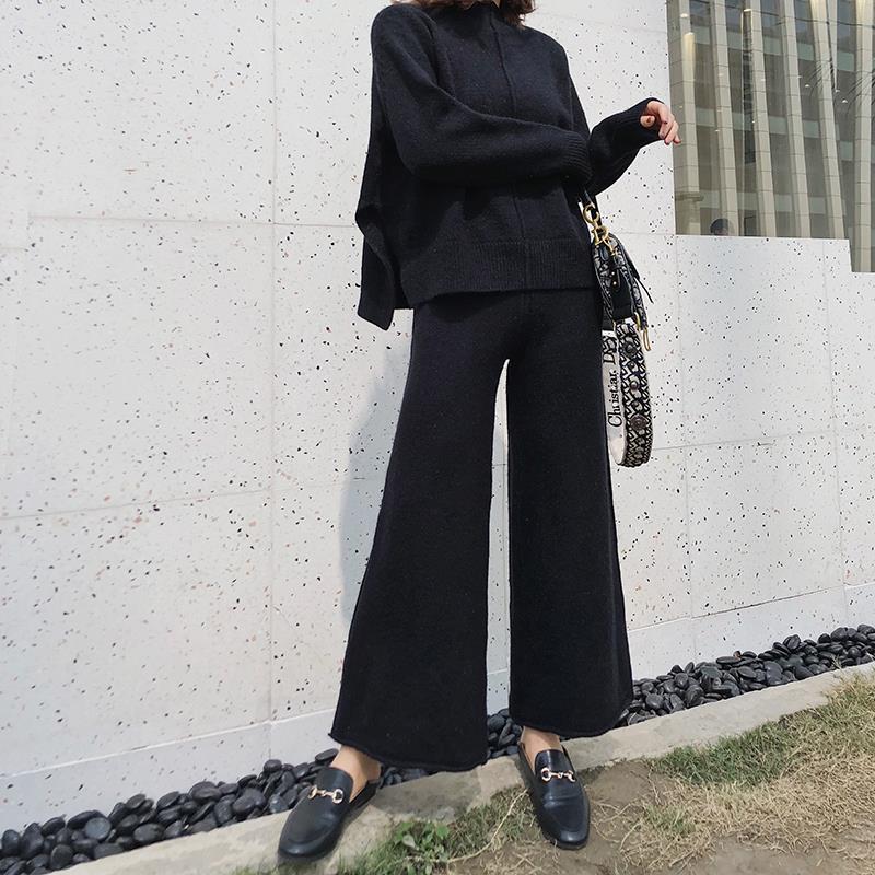 Loose Sweater Two-Piece  Knitted Wide Leg Pants