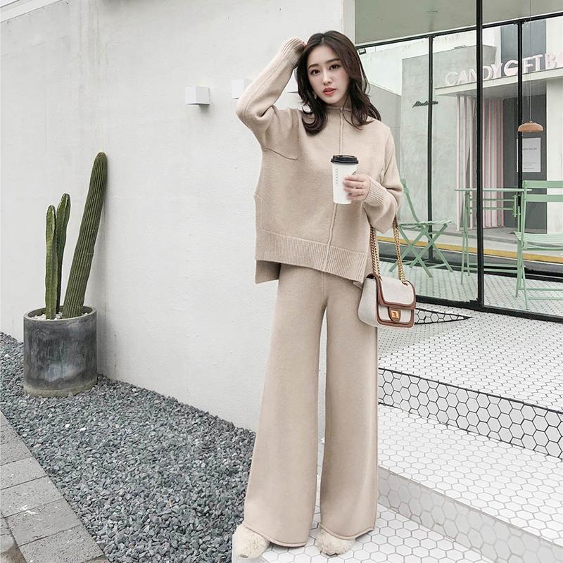 Loose Sweater Two-Piece  Knitted Wide Leg Pants