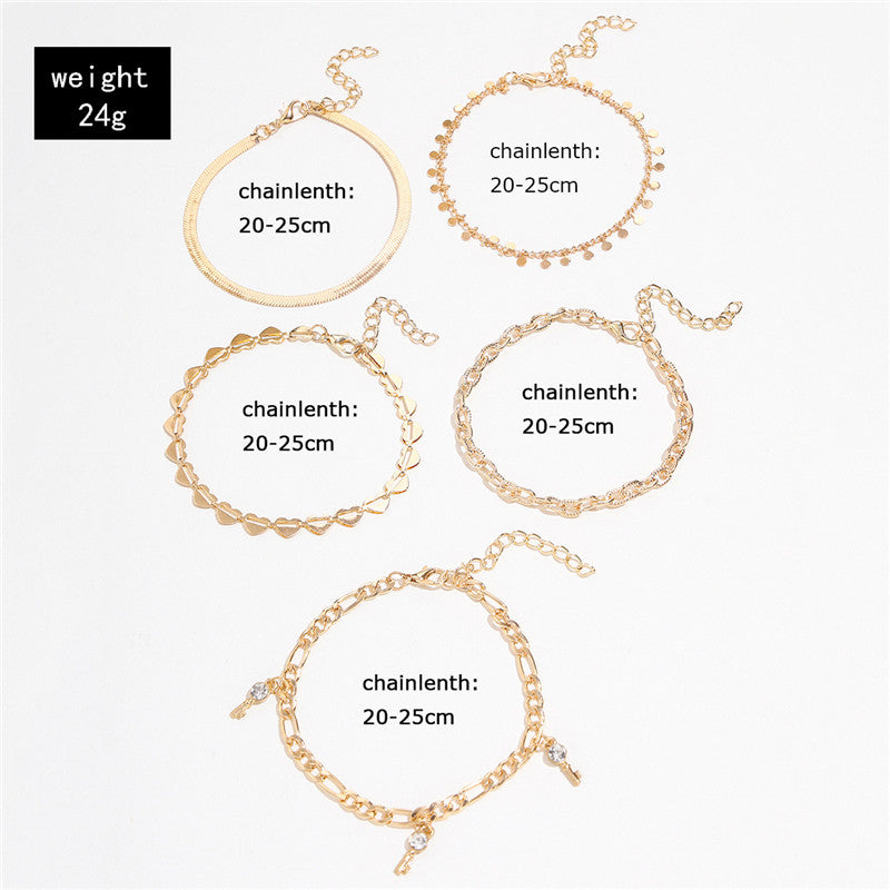 5 Pcs  Gold Color Heart Crystal Key Anklets