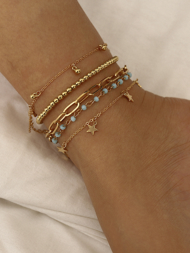 Multiple Stars And Round Bead Anklets