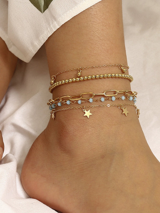 Multiple Stars And Round Bead Anklets