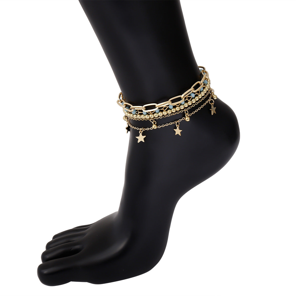 Multiple Stars And Round Bead Anklets