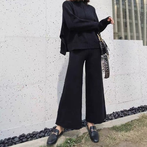 Women's Knitted Wide Leg Pants Fashion Casual Suit