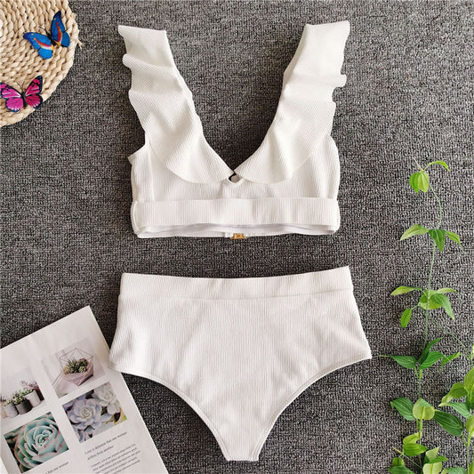 Metal Buckle Ruffled White Swimsuit