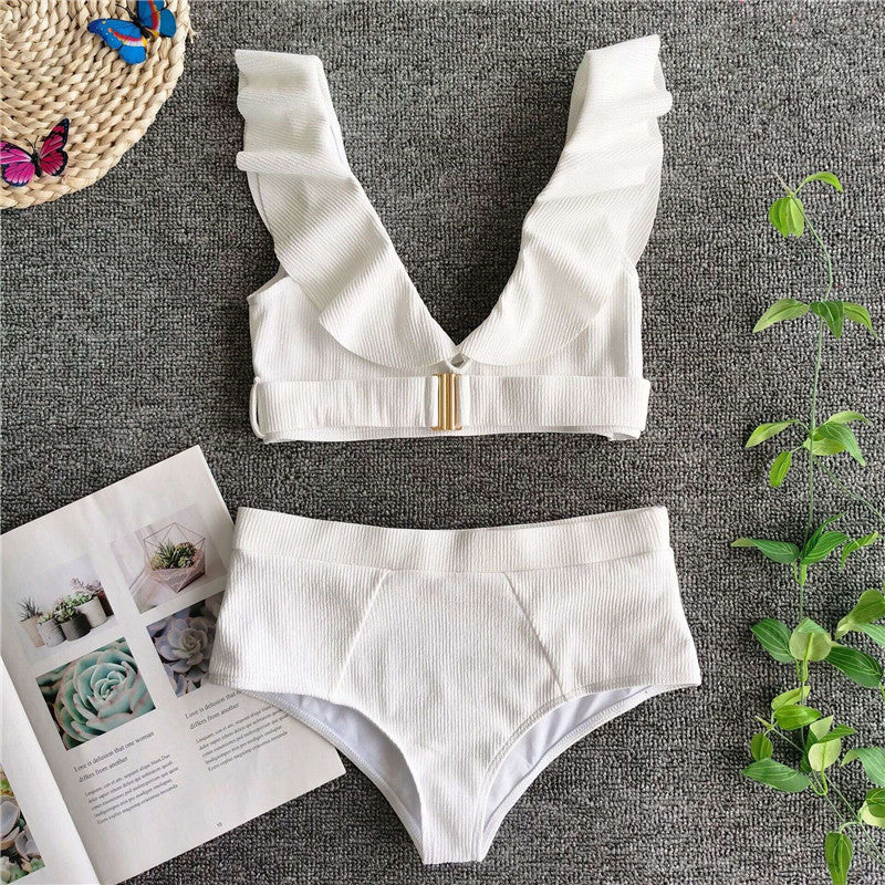 Metal Buckle Ruffled White Swimsuit