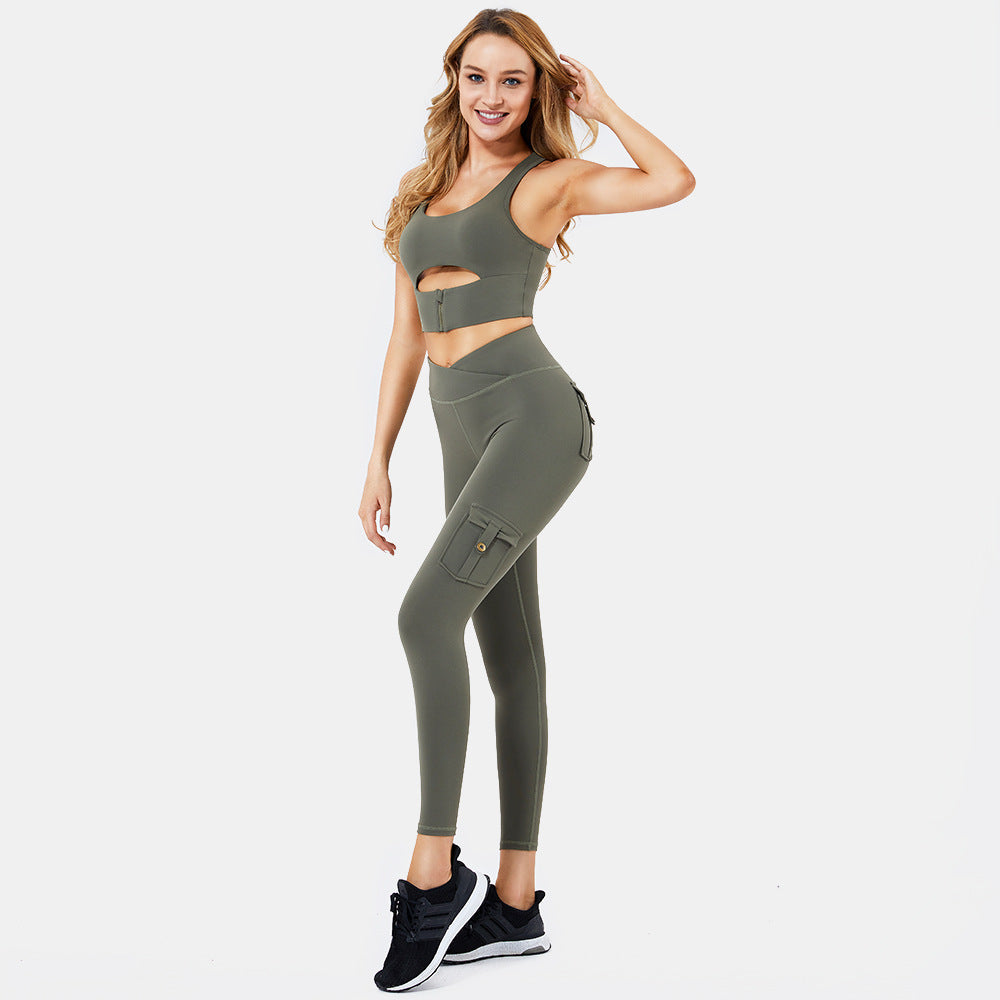 High Waist Legging Yoga Cargo Pants With Pocket Set