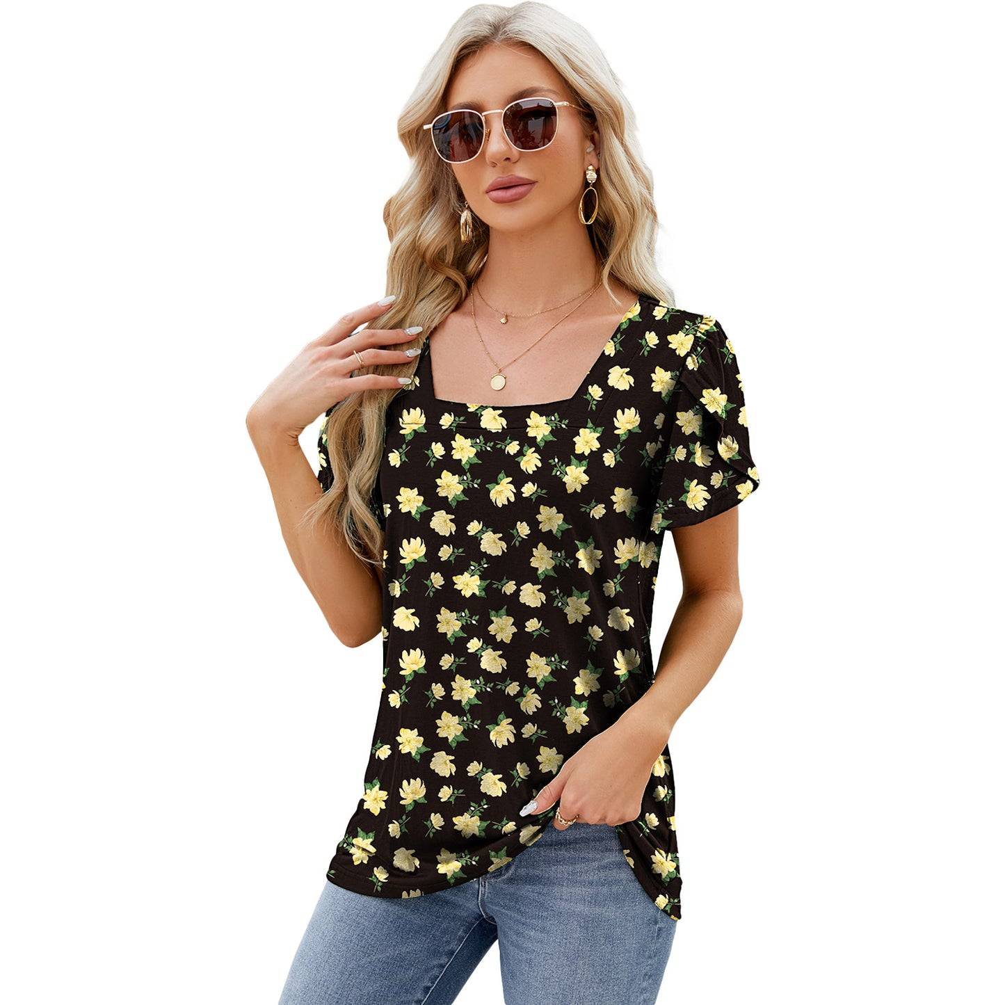 Square Neck Printed Short-sleeved T-shirt