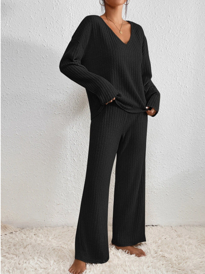 Knitted Round Neck Long-sleeved Trousers Wide-leg Pants