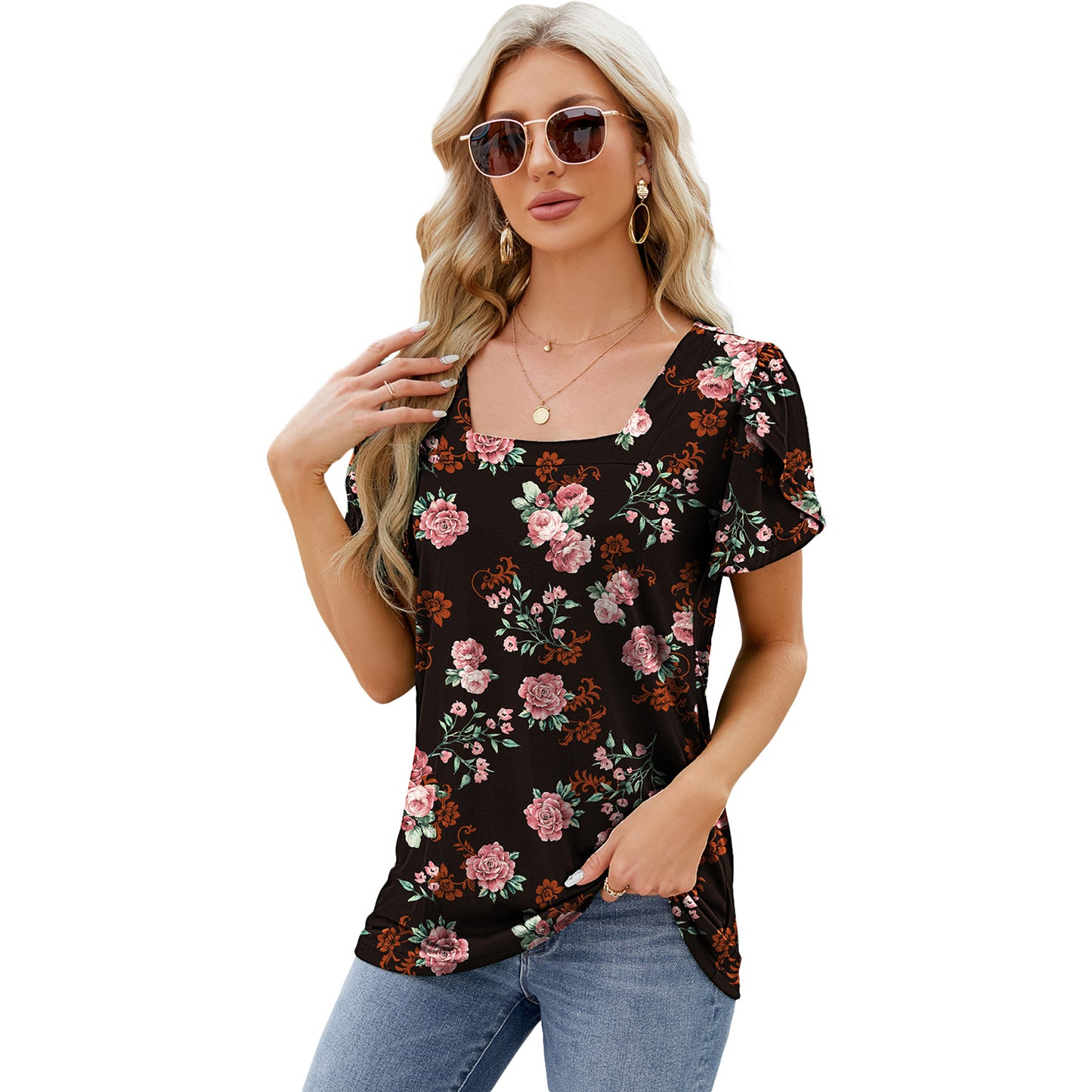 Square Neck Printed Short-sleeved T-shirt