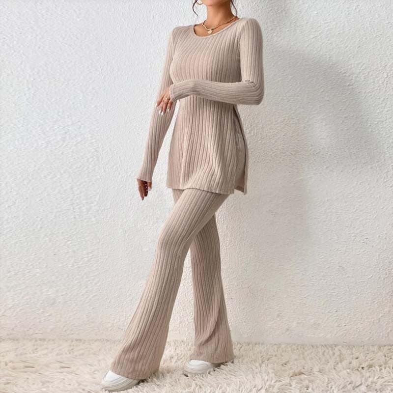 Knitted Hollow Striped Two-piece Suit Pants Hem