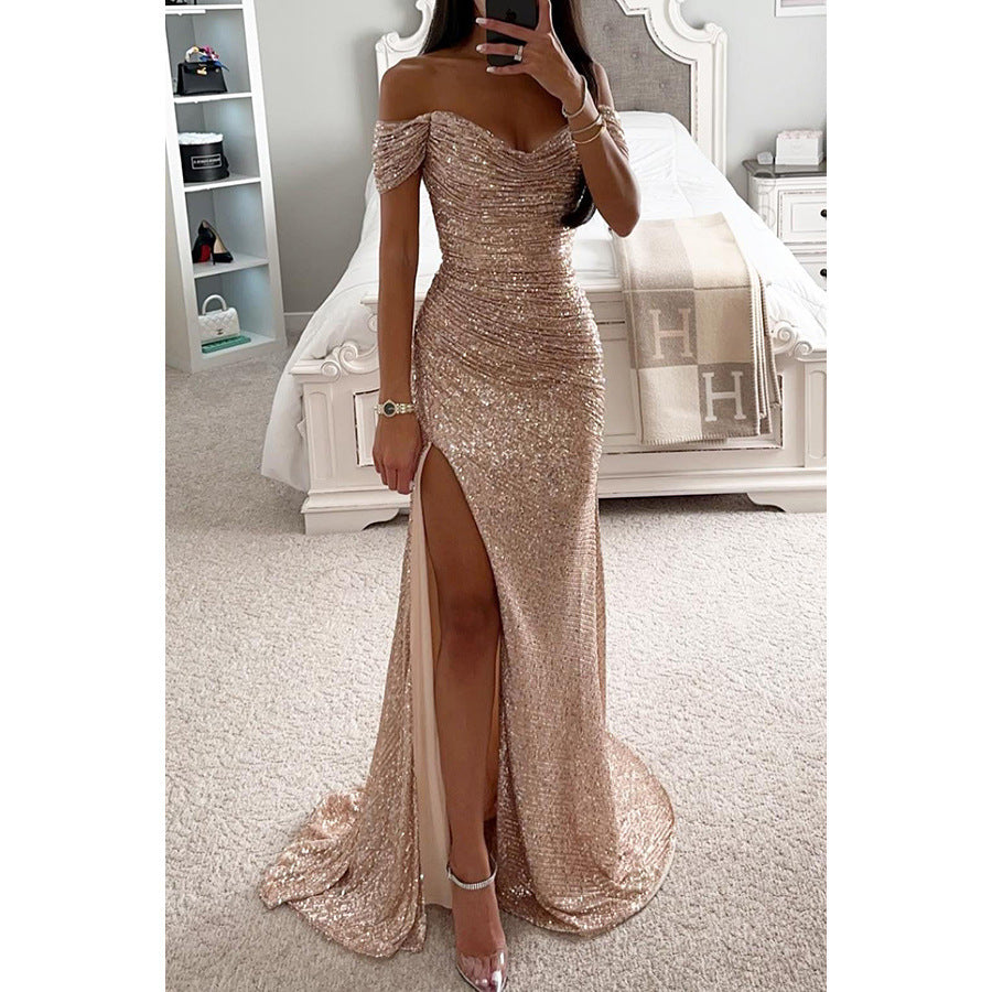 Party Sequins Off-neck Split Dress