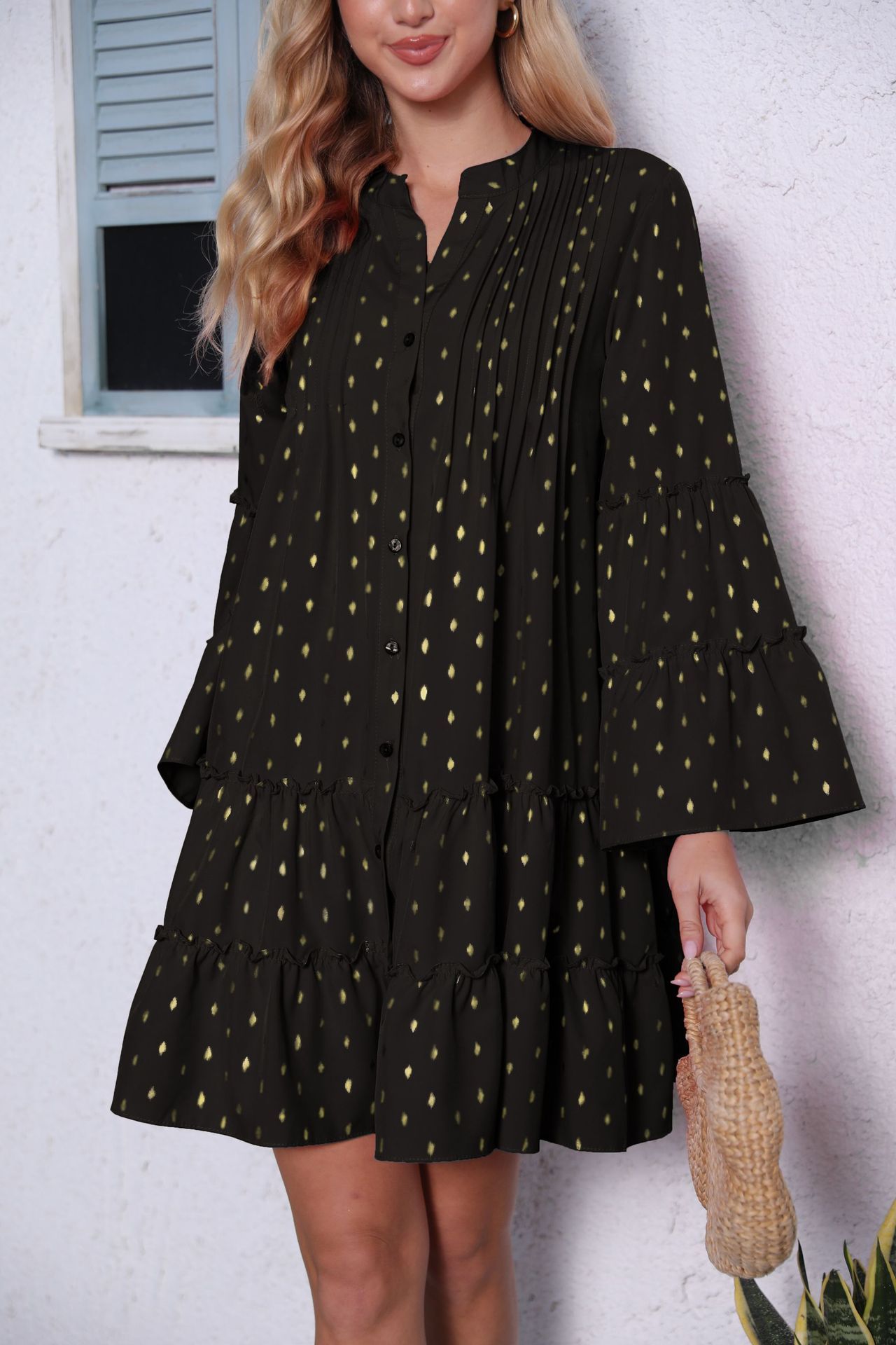 Printed Bronzing Pleated Flared Long Sleeve Dress