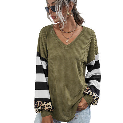 Striped stitching long-sleeved T-shirt