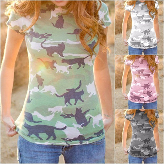 Camouflage cat print T-shirt