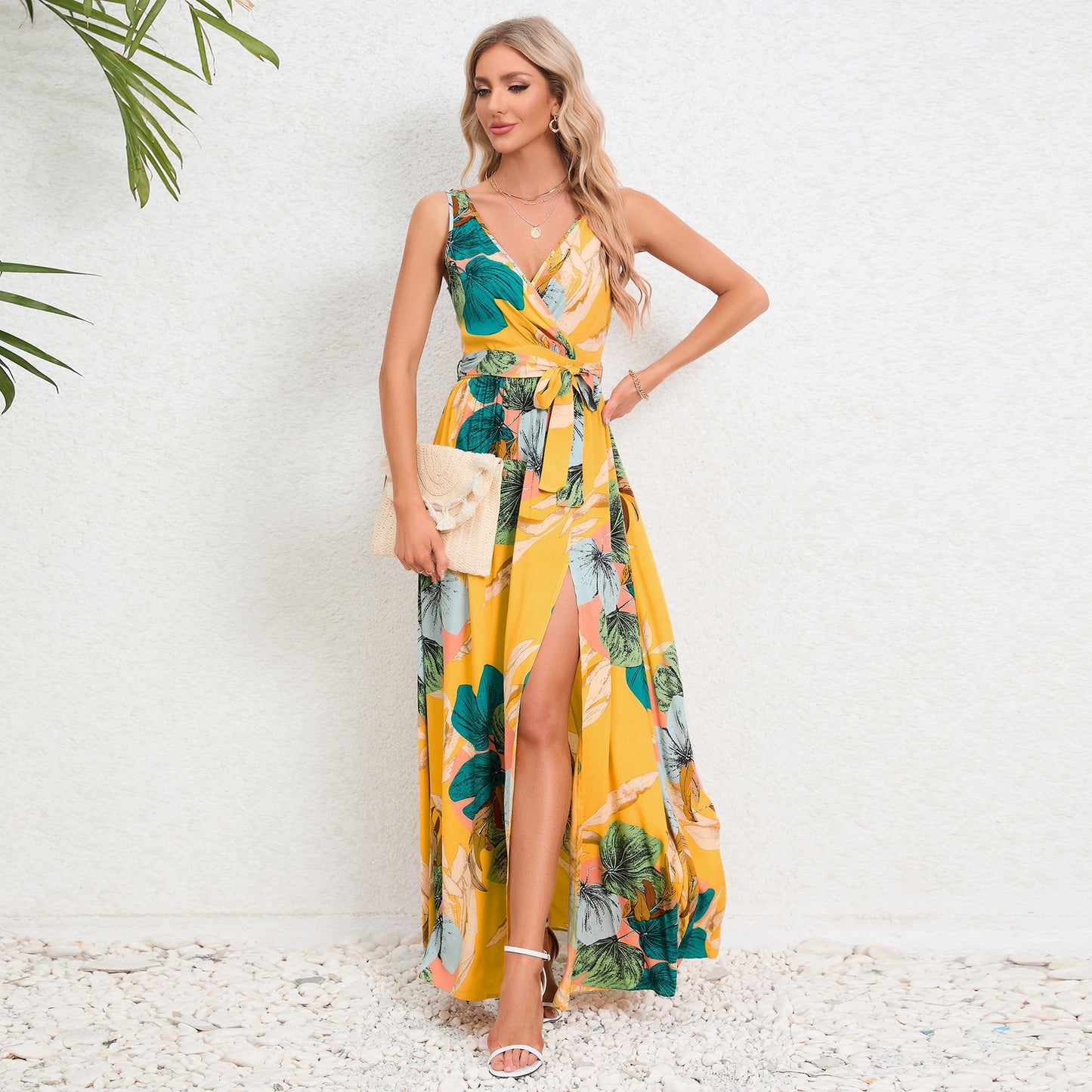 V-neck Floral Print Long Dress