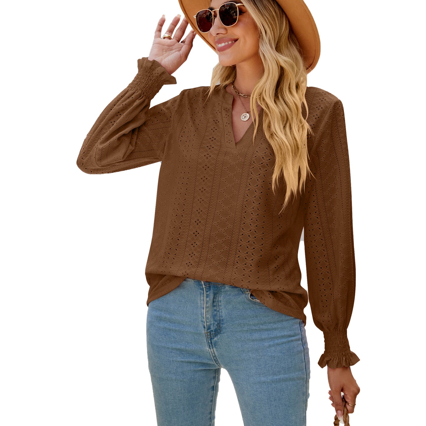 V-neck Loose Long Sleeve Tops