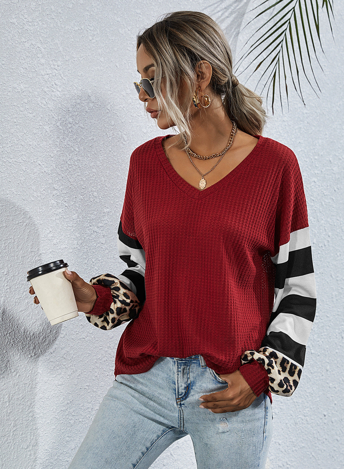 Striped stitching long-sleeved T-shirt