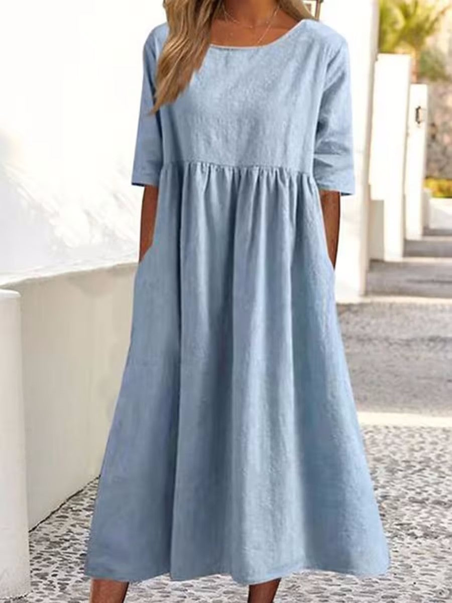 Casual Cotton Linen Short Sleeve Pocket Dress