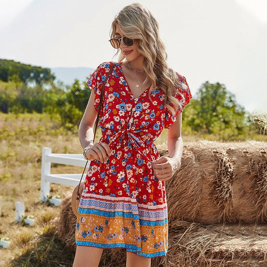 Spring Clothes V-neck Printing Dress