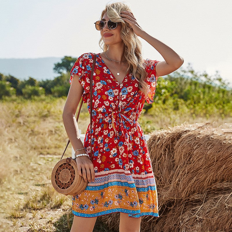 Spring Clothes V-neck Printing Dress