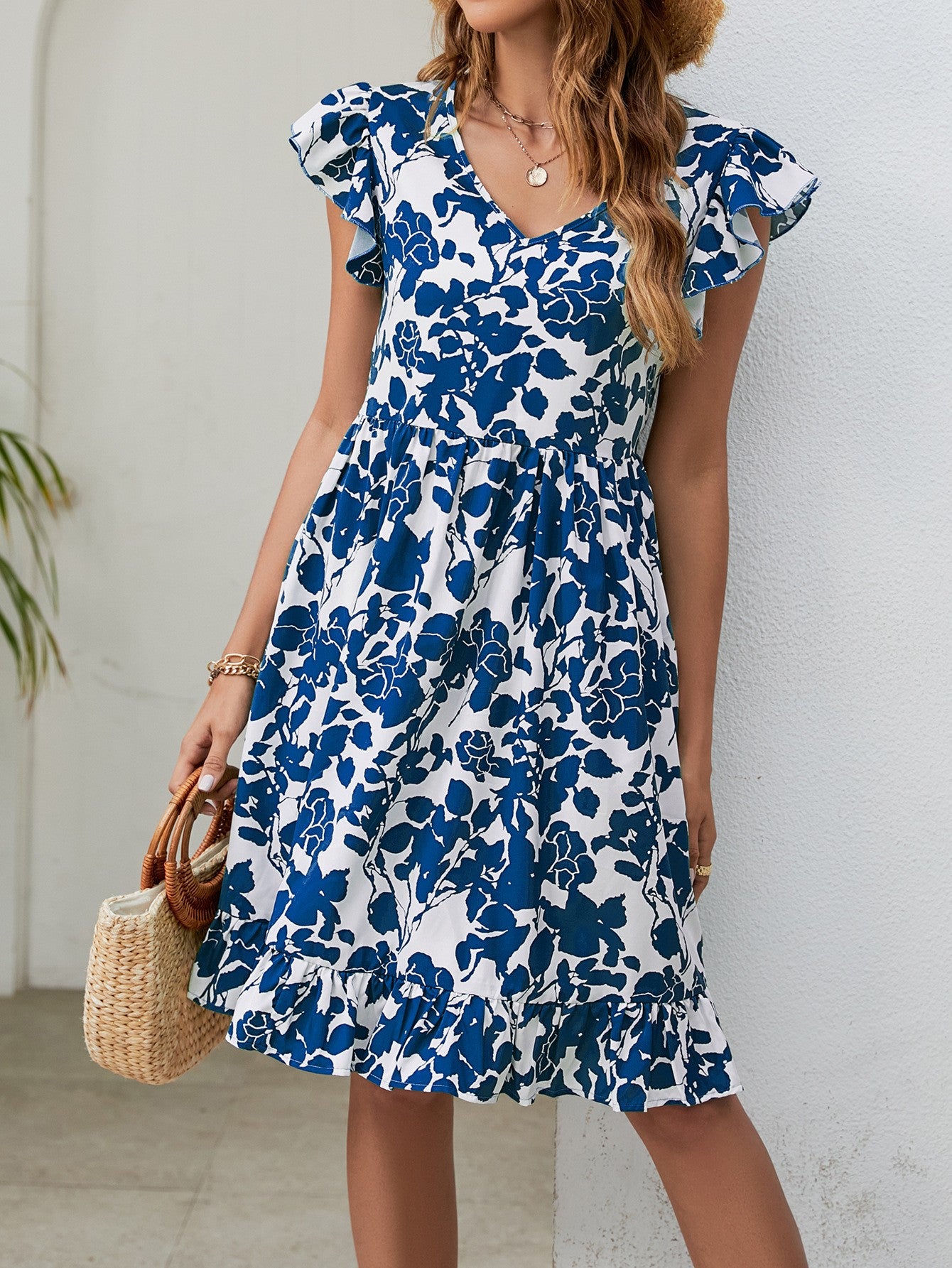 V-neck Ruffled Sleeveless Dress