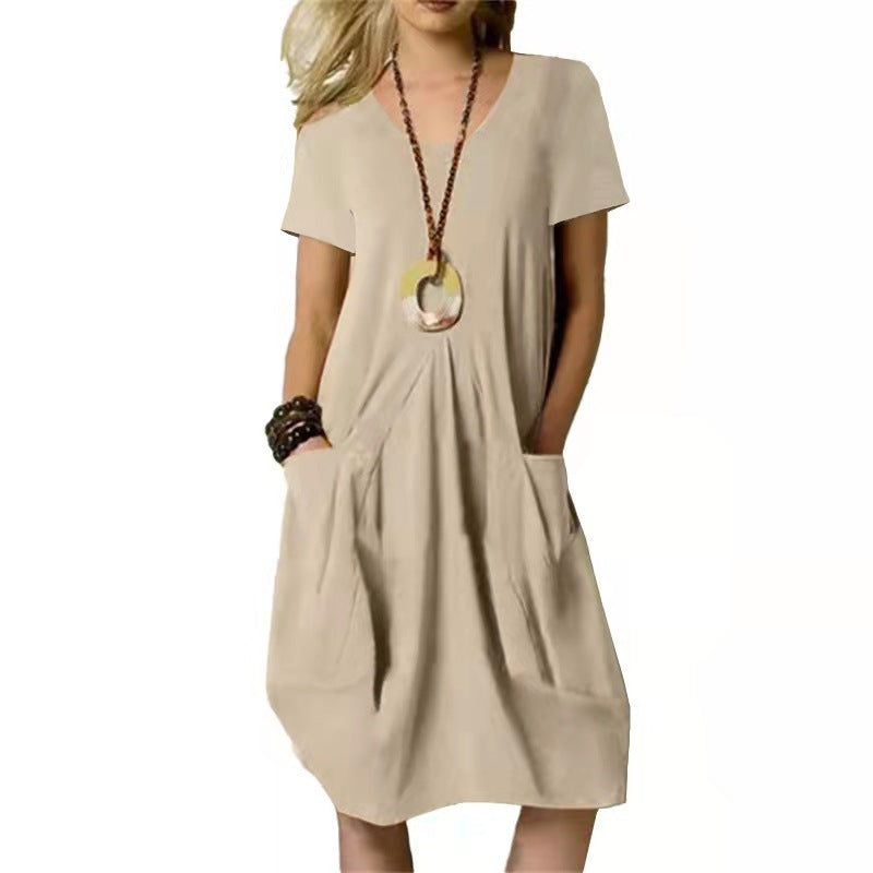 Solid Color Loose Round Neck Short Sleeve Dress