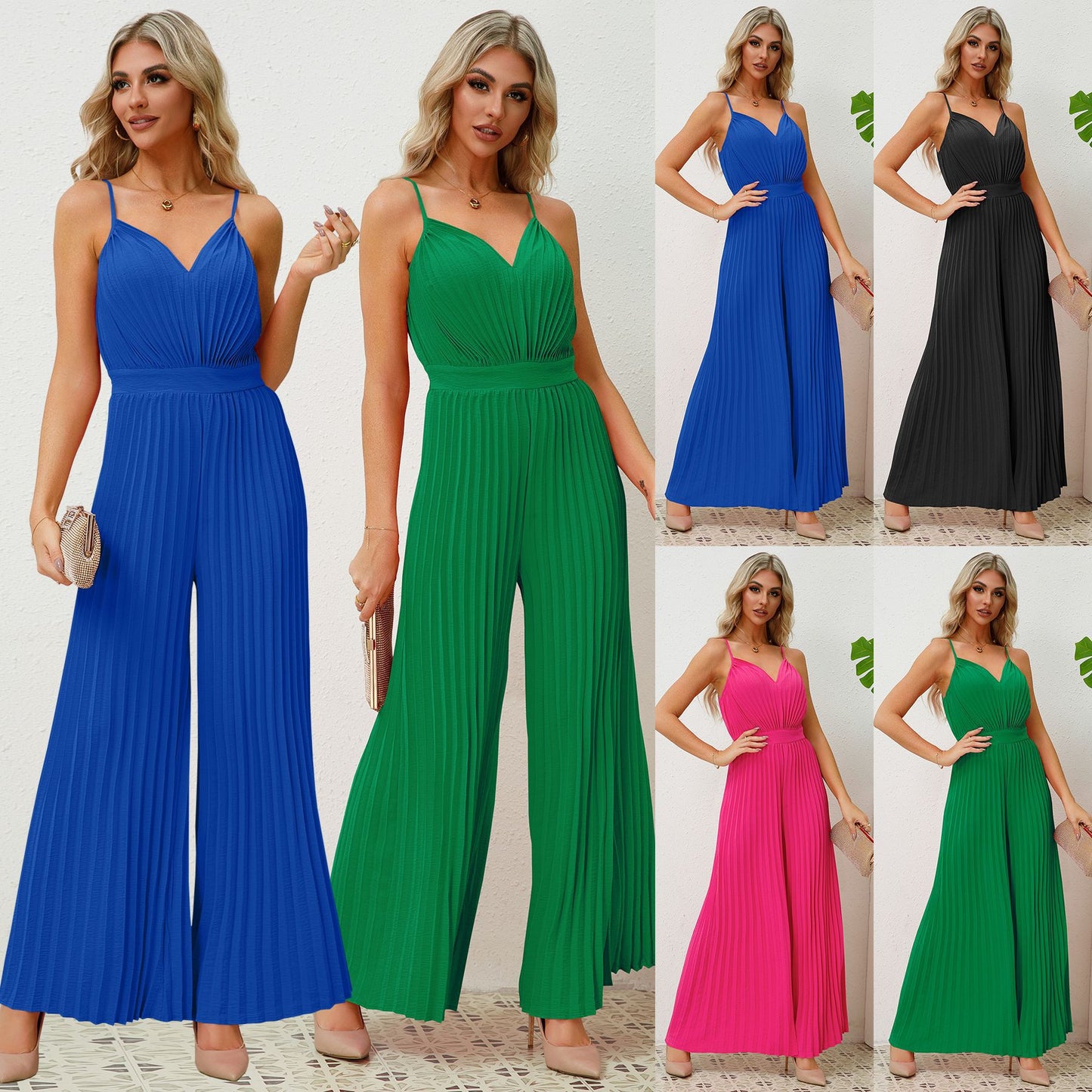 V-neck Suspender Pleated Jumpsuit