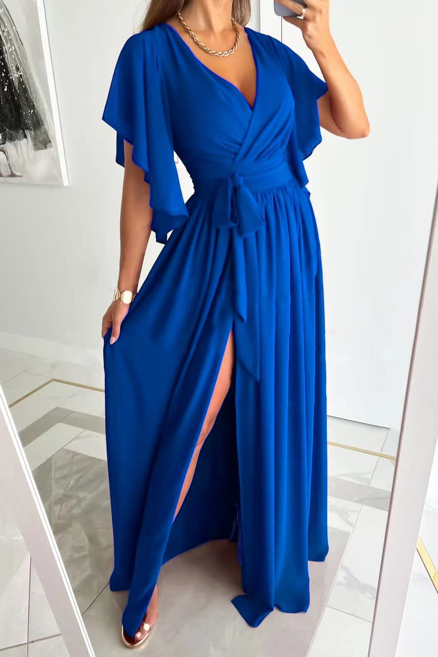 Solid Color Loose V-neck Mop Dress