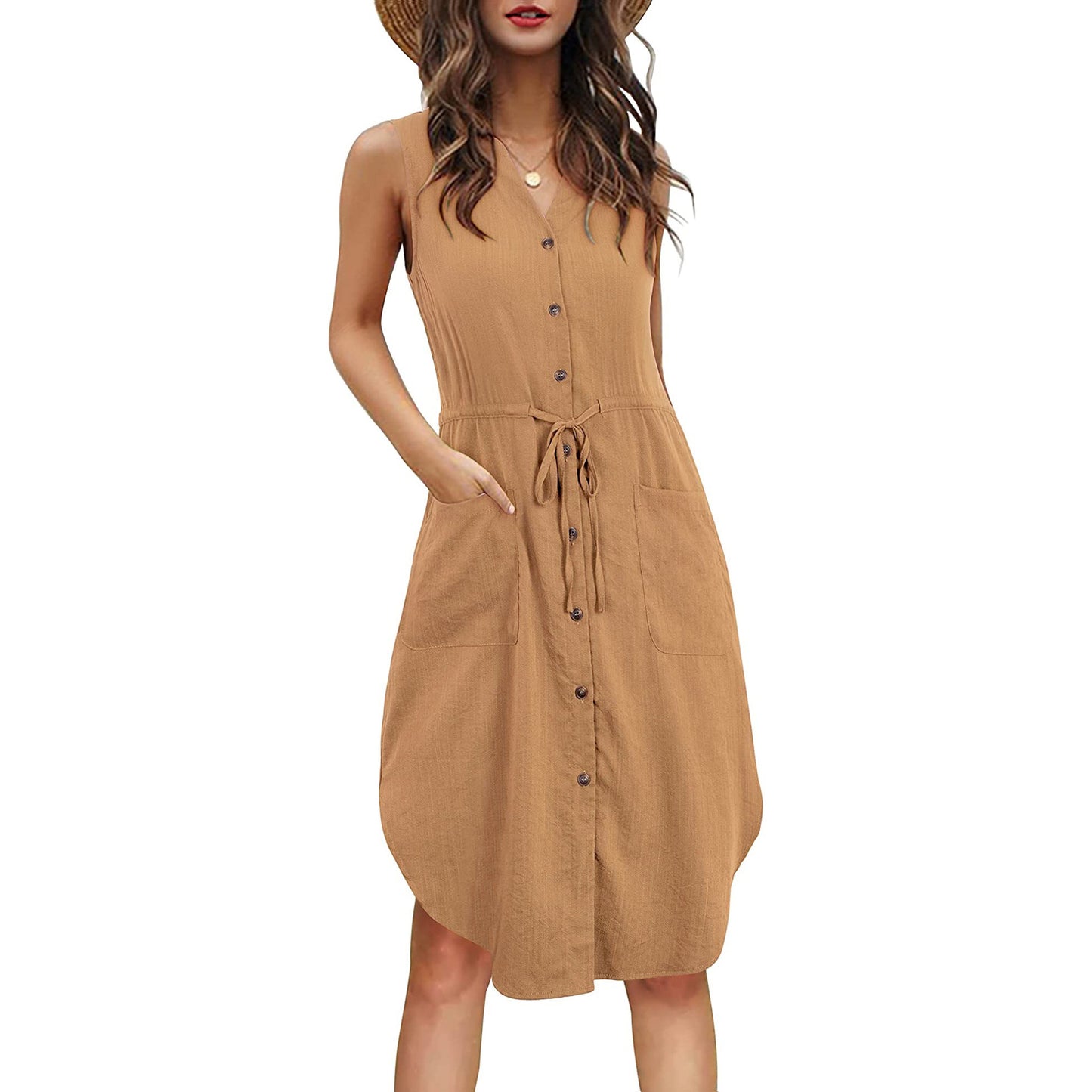 Sleeveless V-neck Buttoned Dress With Pockets