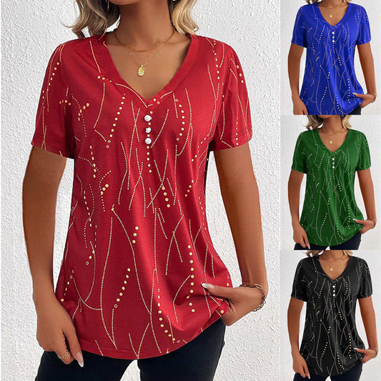 V-neck Printed Button T-shirt