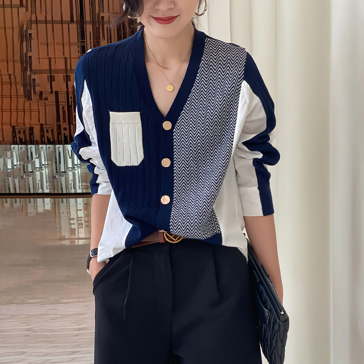 Irregular Shirt Stitching Knitted Cardigan