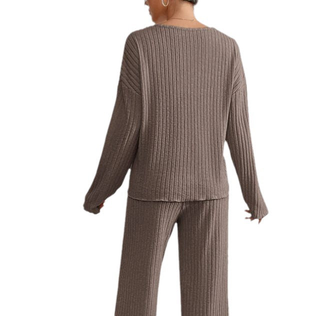 Knitted Round Neck Long-sleeved Trousers Wide-leg Pants