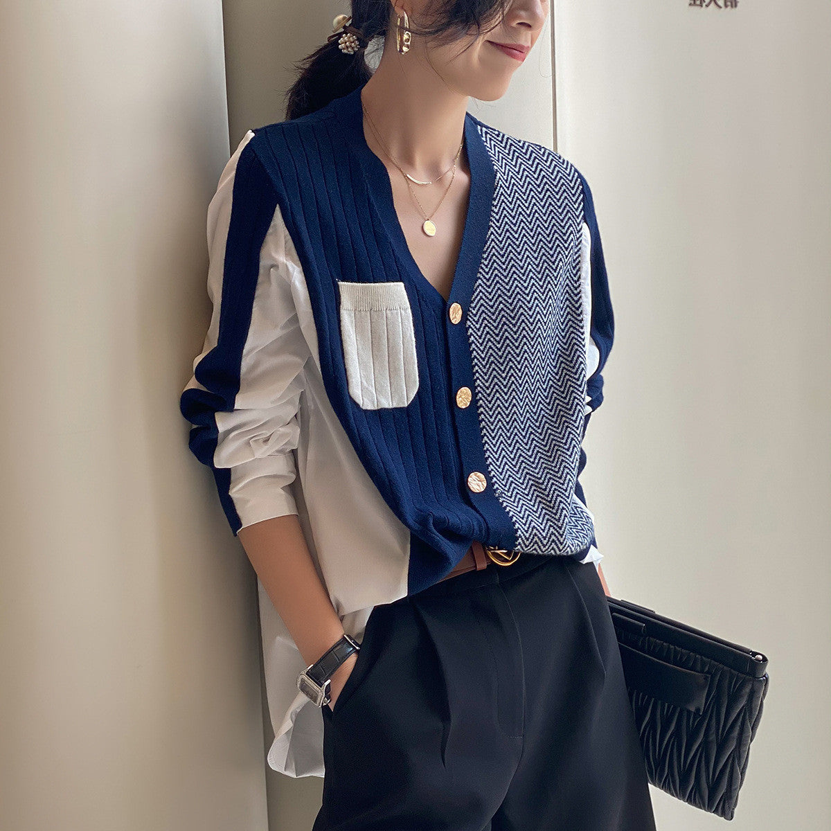 Irregular Shirt Stitching Knitted Cardigan