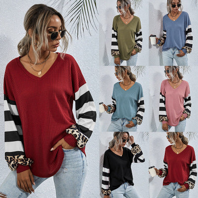 Striped stitching long-sleeved T-shirt