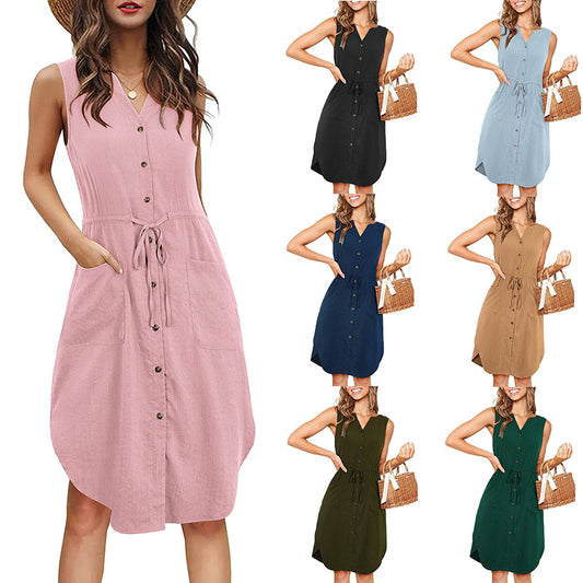 Sleeveless V-neck Buttoned Dress With Pockets