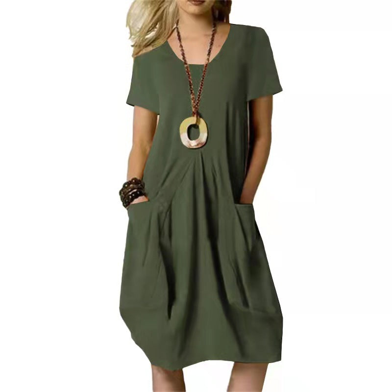 Solid Color Loose Round Neck Short Sleeve Dress