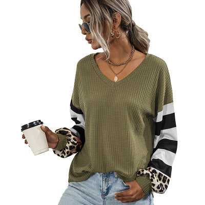 Striped stitching long-sleeved T-shirt