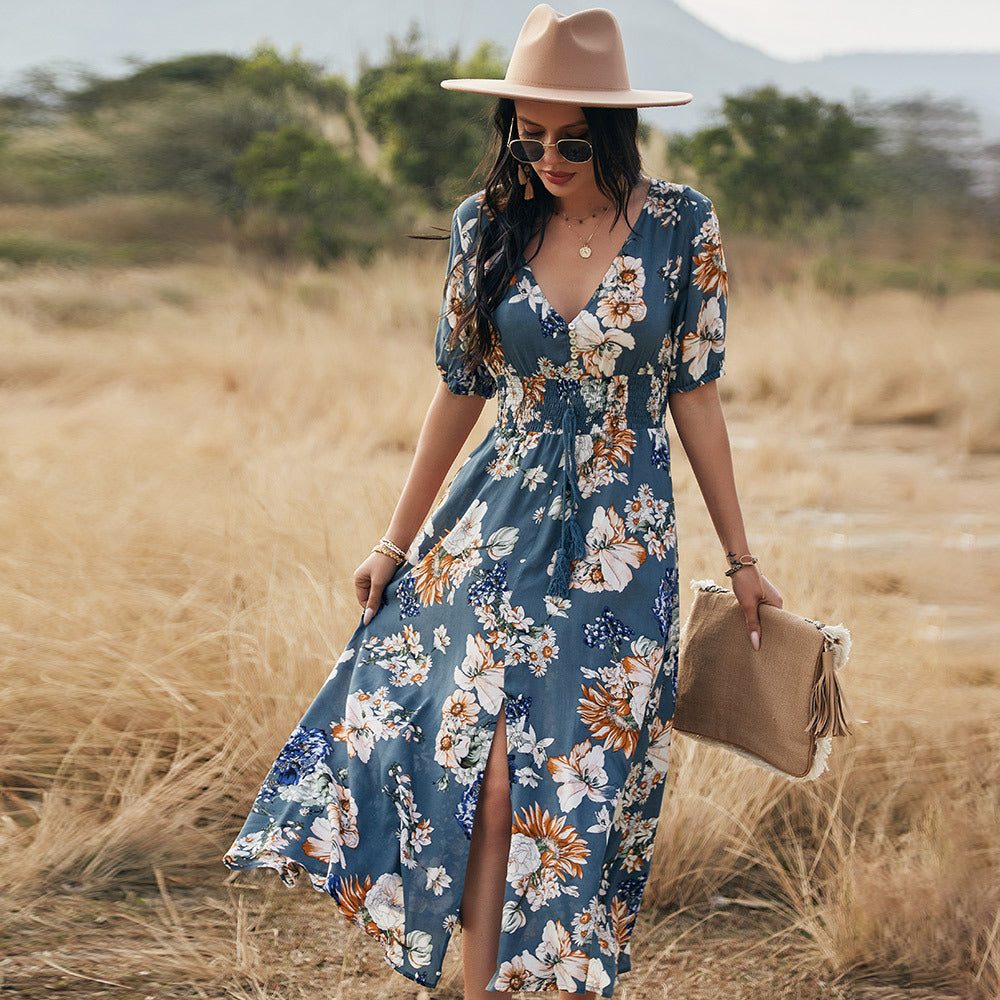 Floral Summer Beach Dress With V Neck