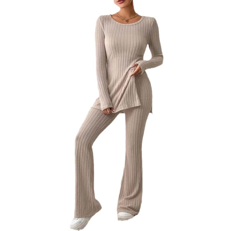 Knitted Hollow Striped Two-piece Suit Pants Hem