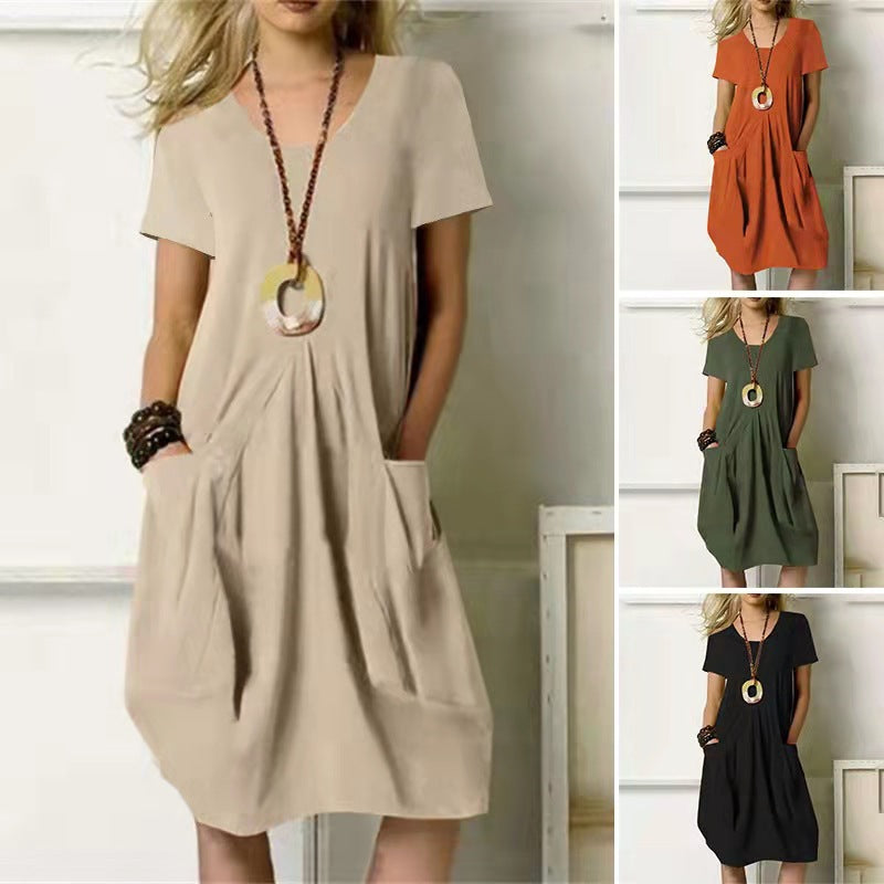 Solid Color Loose Round Neck Short Sleeve Dress