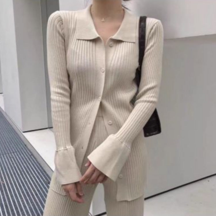 Long collar knitted top with pants