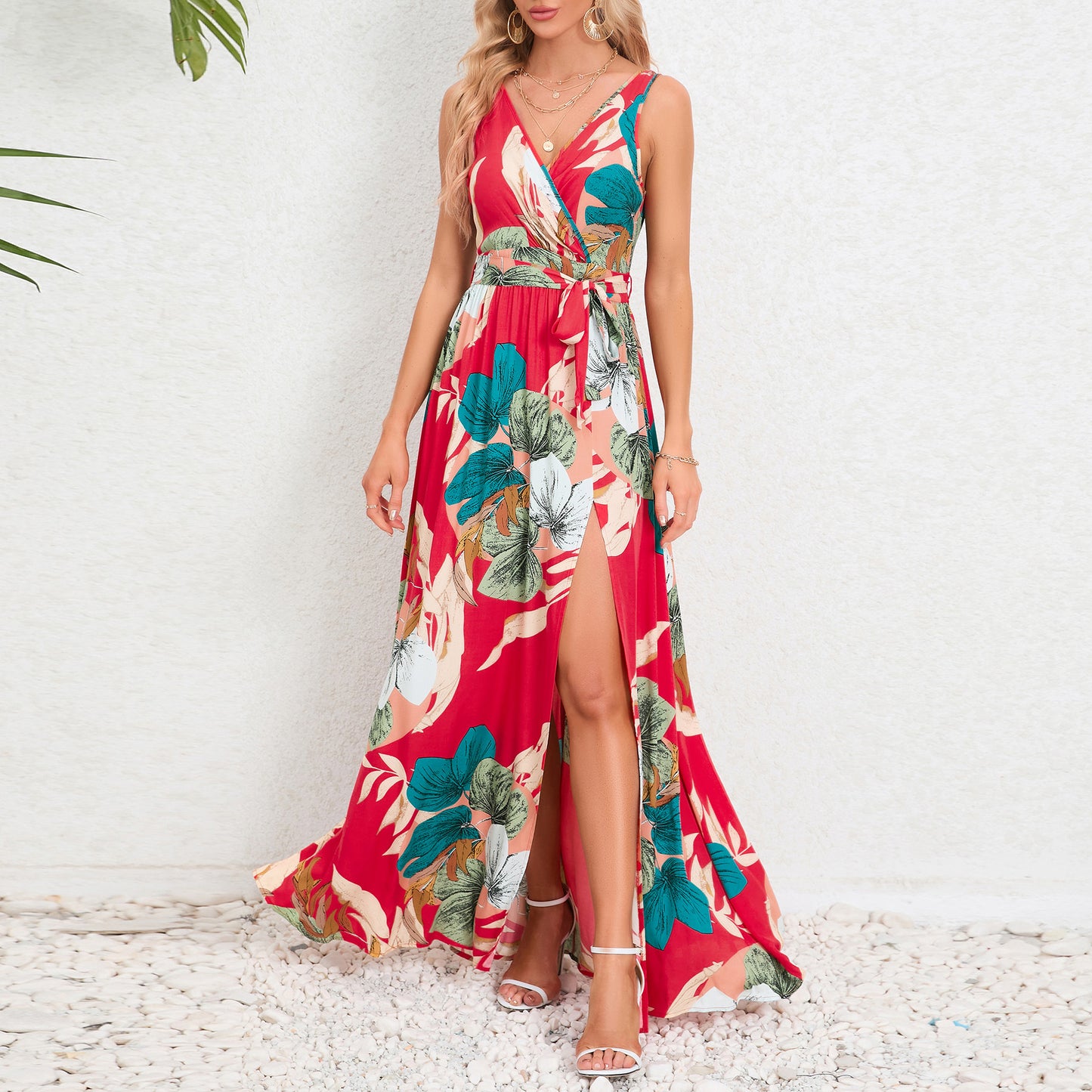 V-neck Floral Print Long Dress