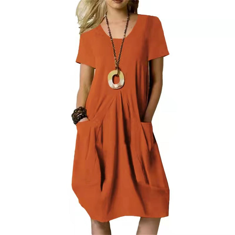 Solid Color Loose Round Neck Short Sleeve Dress